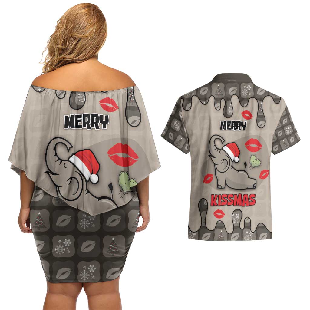 Elephant Christmas Couples Matching Off Shoulder Short Dress and Hawaiian Shirt I Did Not Fart My Butt Blew You A Kiss - Wonder Print Shop