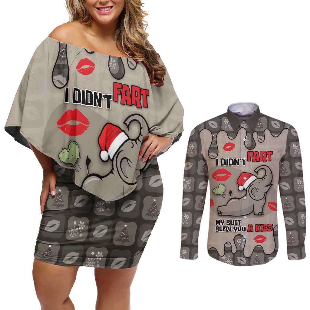 Elephant Christmas Couples Matching Off Shoulder Short Dress and Long Sleeve Button Shirt I Did Not Fart My Butt Blew You A Kiss - Wonder Print Shop