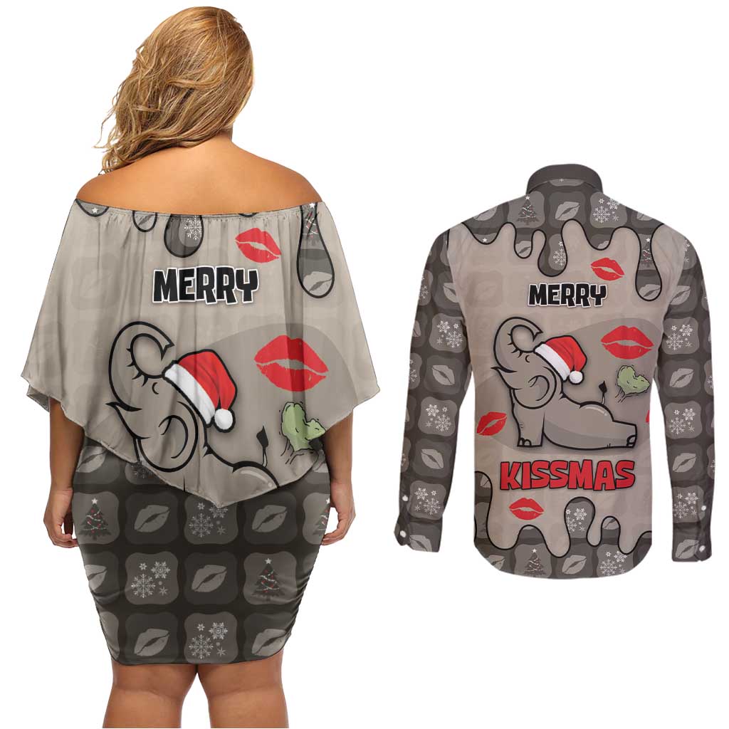 Elephant Christmas Couples Matching Off Shoulder Short Dress and Long Sleeve Button Shirt I Did Not Fart My Butt Blew You A Kiss - Wonder Print Shop