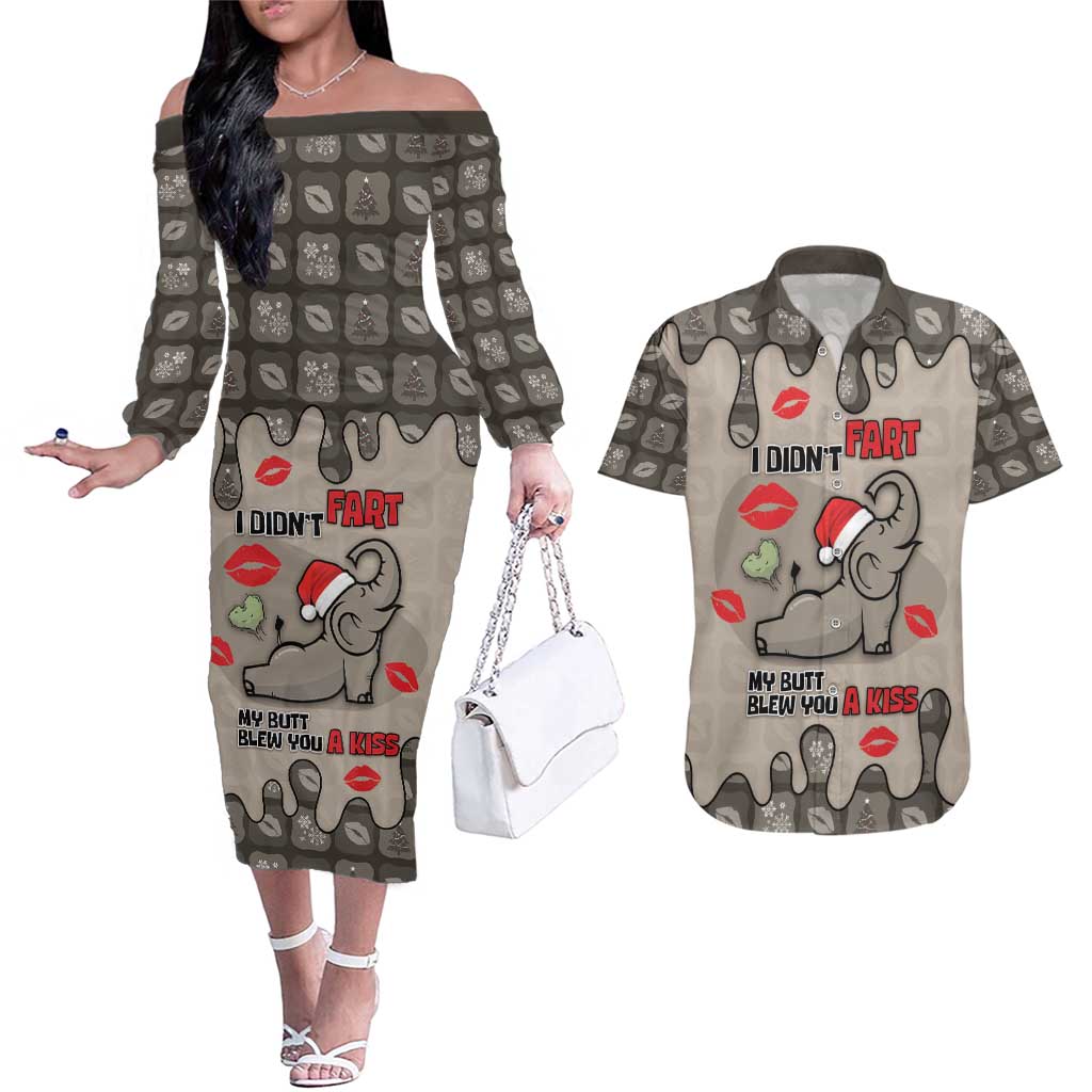 Elephant Christmas Couples Matching Off The Shoulder Long Sleeve Dress and Hawaiian Shirt I Did Not Fart My Butt Blew You A Kiss - Wonder Print Shop