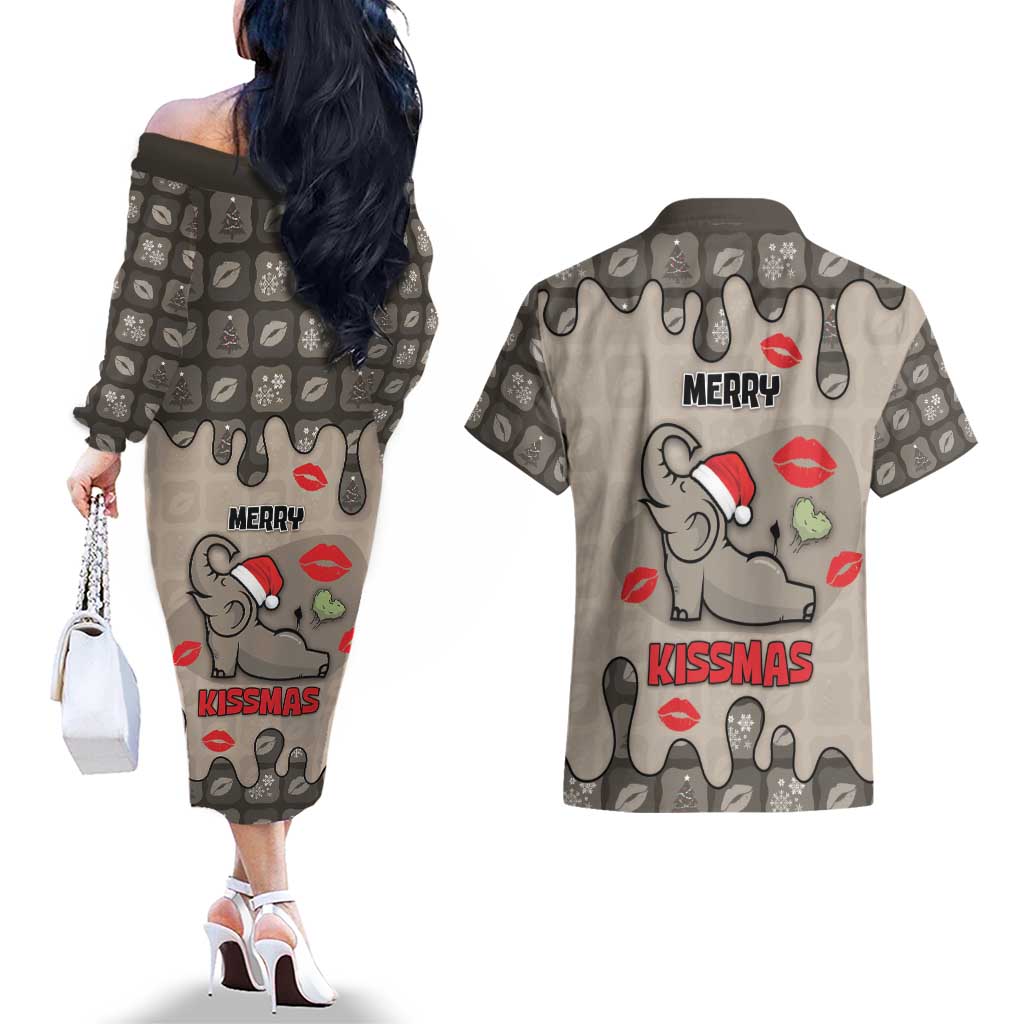 Elephant Christmas Couples Matching Off The Shoulder Long Sleeve Dress and Hawaiian Shirt I Did Not Fart My Butt Blew You A Kiss - Wonder Print Shop