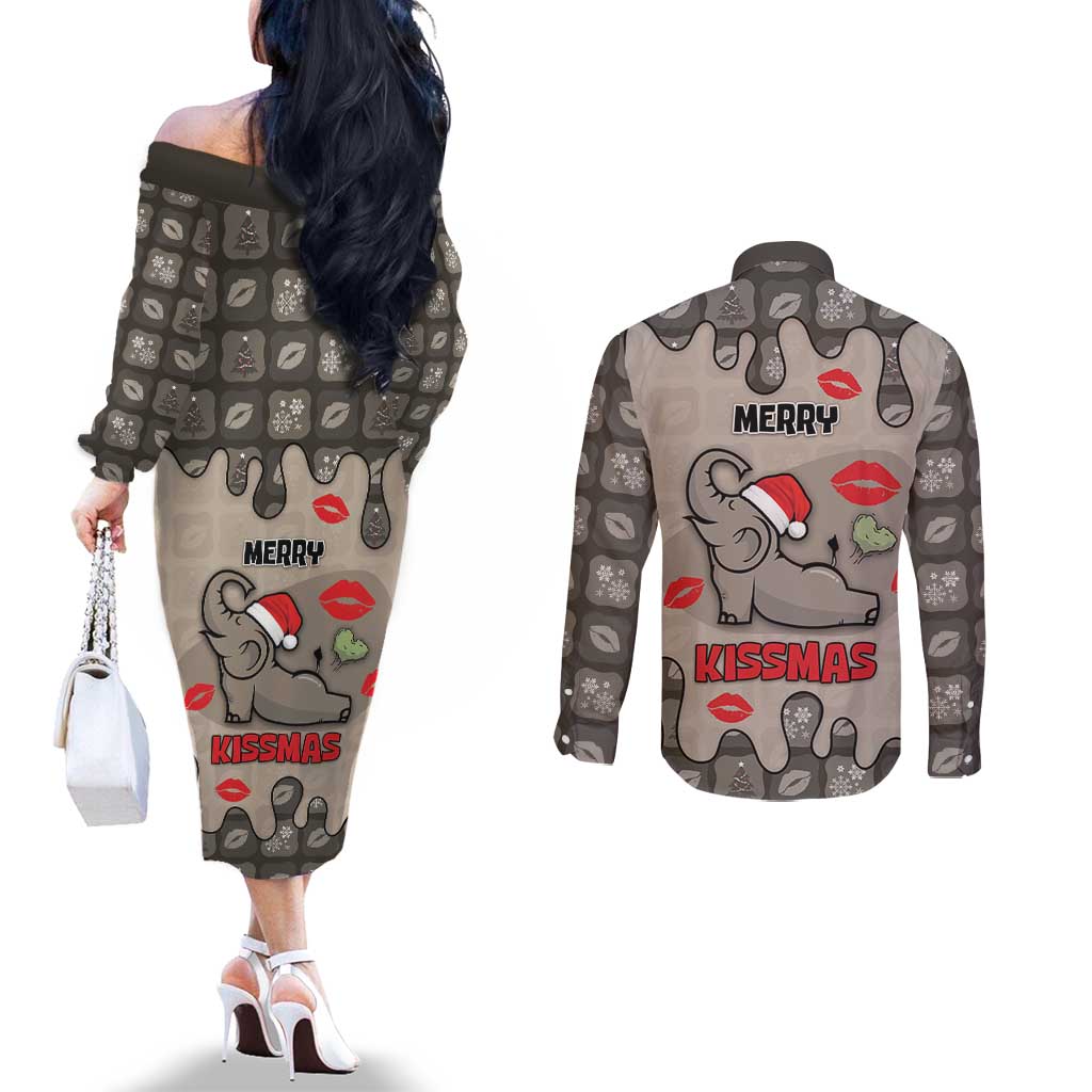 Elephant Christmas Couples Matching Off The Shoulder Long Sleeve Dress and Long Sleeve Button Shirt I Did Not Fart My Butt Blew You A Kiss - Wonder Print Shop