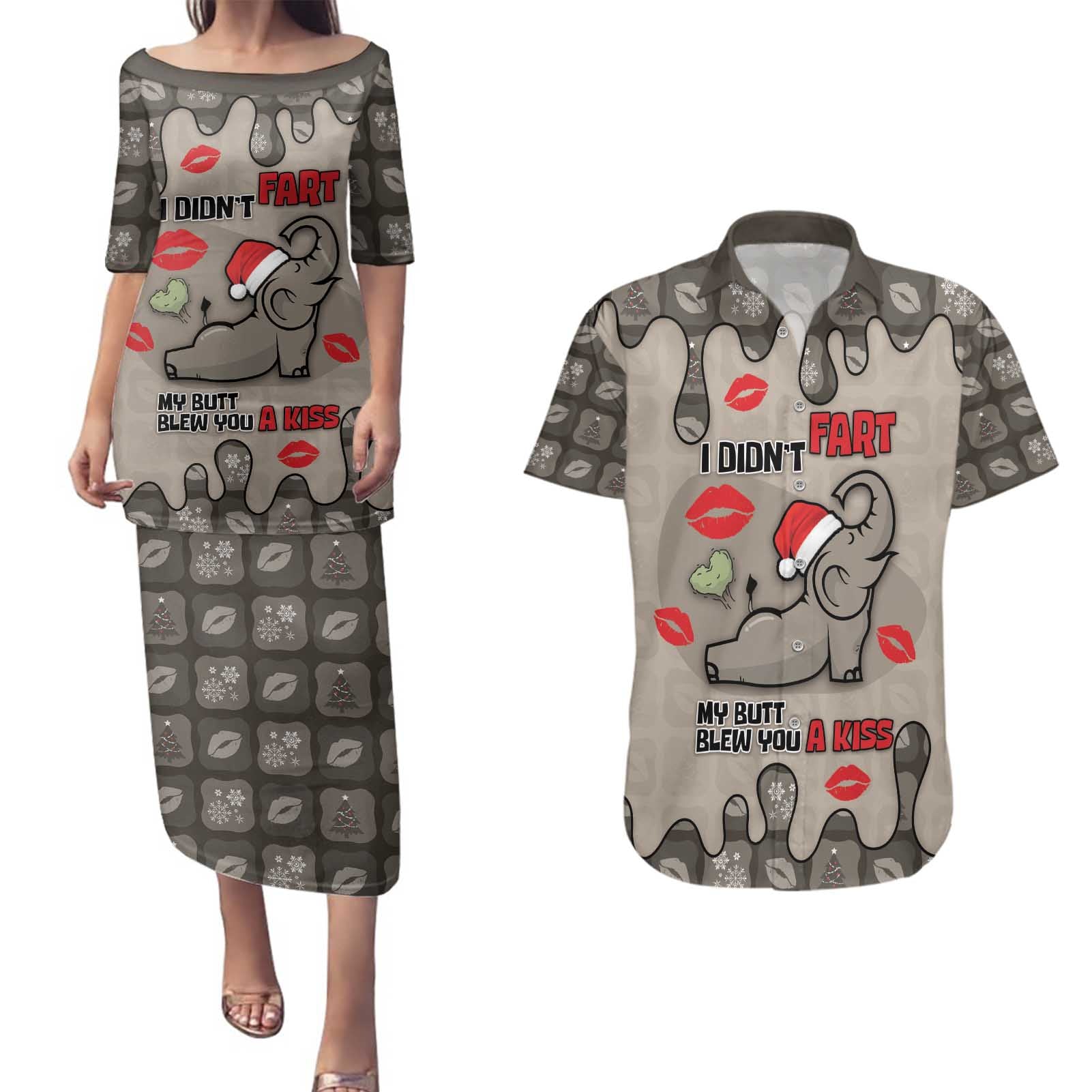 Elephant Christmas Couples Matching Puletasi and Hawaiian Shirt I Did Not Fart My Butt Blew You A Kiss - Wonder Print Shop