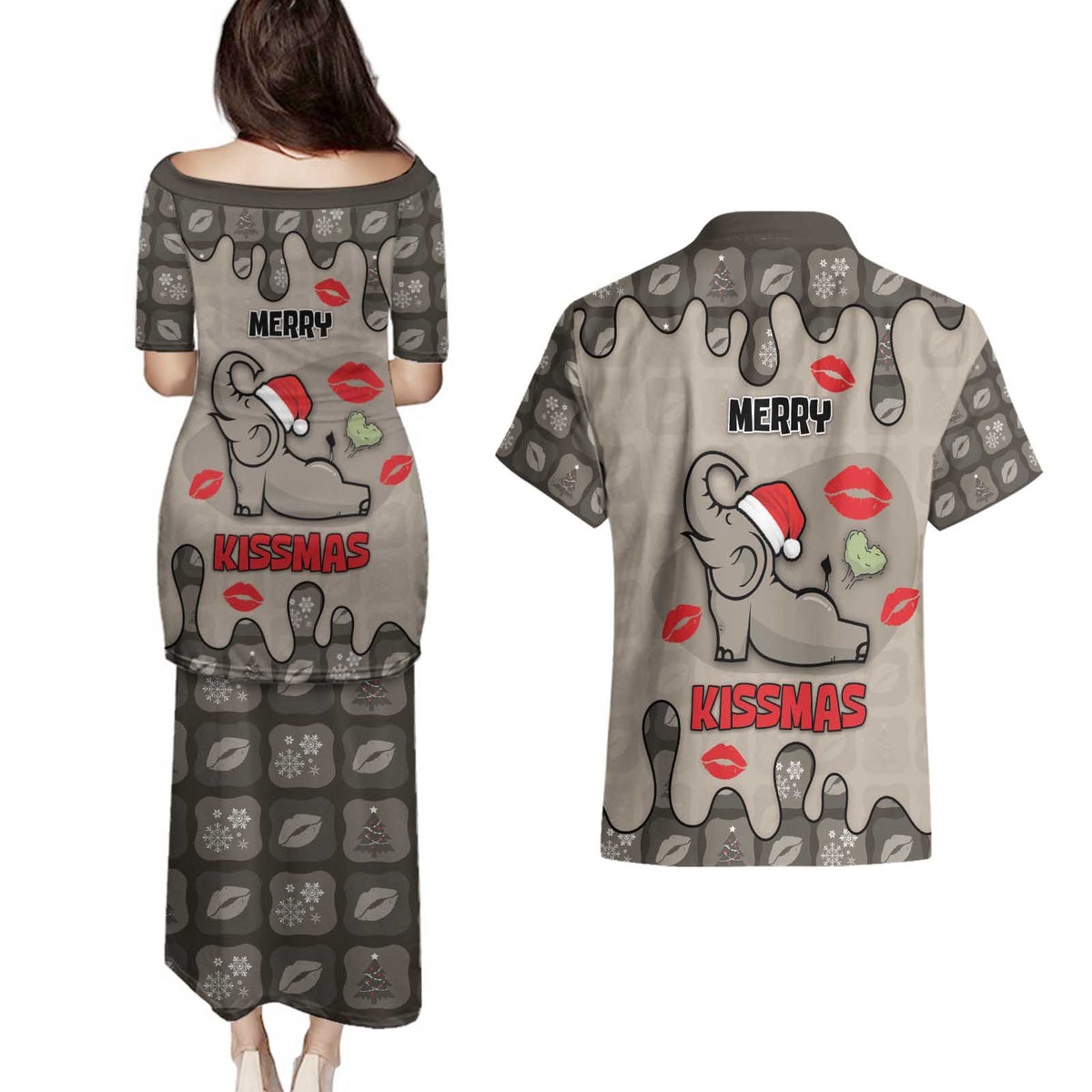 Elephant Christmas Couples Matching Puletasi and Hawaiian Shirt I Did Not Fart My Butt Blew You A Kiss - Wonder Print Shop