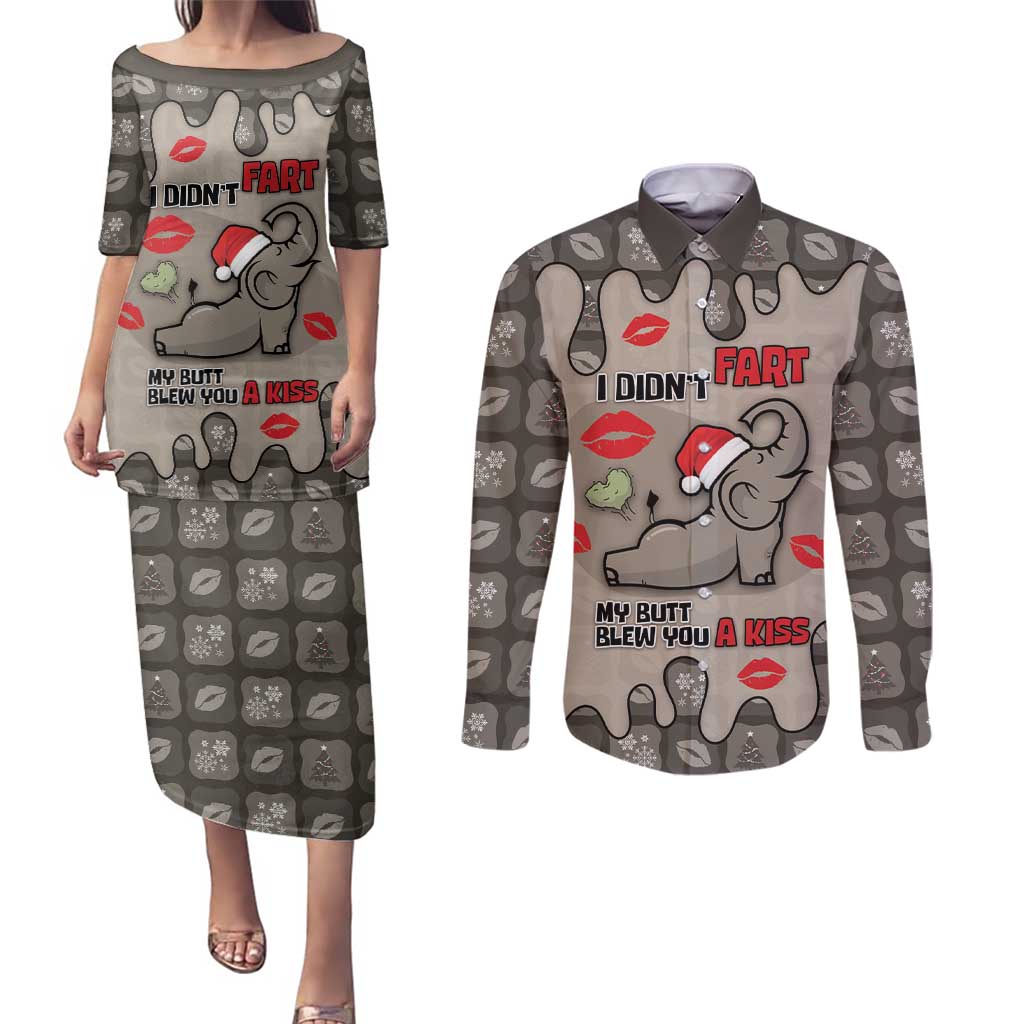 Elephant Christmas Couples Matching Puletasi and Long Sleeve Button Shirt I Did Not Fart My Butt Blew You A Kiss - Wonder Print Shop