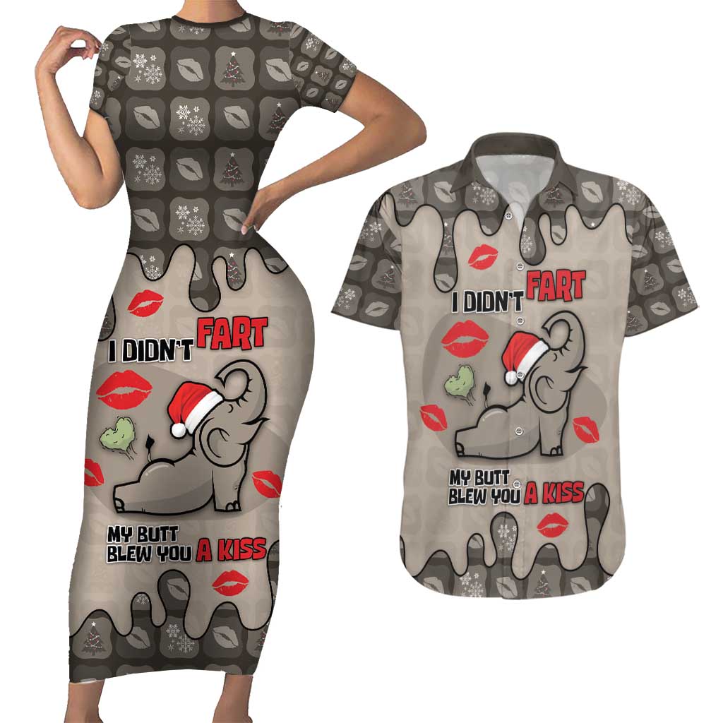 Elephant Christmas Couples Matching Short Sleeve Bodycon Dress and Hawaiian Shirt I Did Not Fart My Butt Blew You A Kiss - Wonder Print Shop