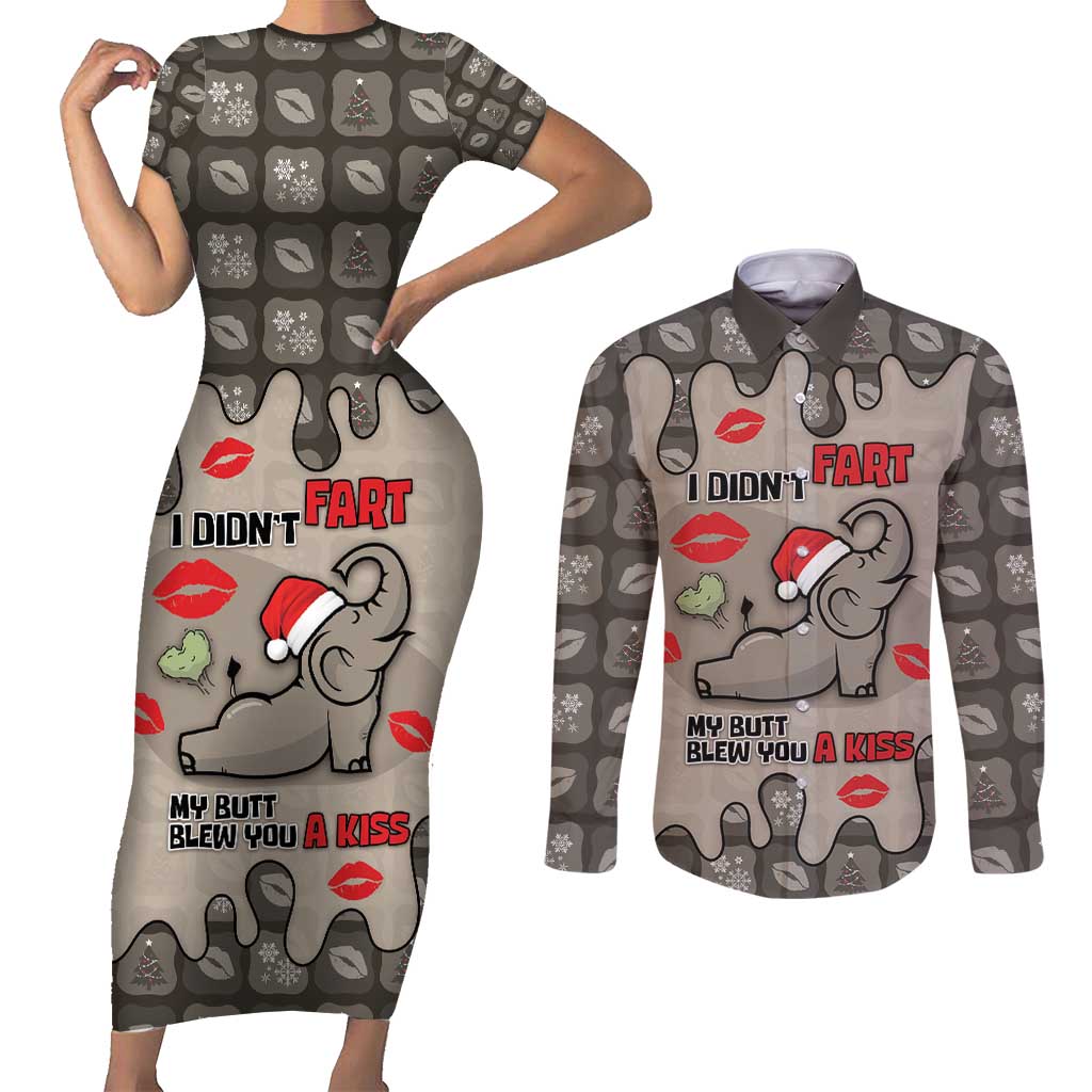 Elephant Christmas Couples Matching Short Sleeve Bodycon Dress and Long Sleeve Button Shirt I Did Not Fart My Butt Blew You A Kiss - Wonder Print Shop