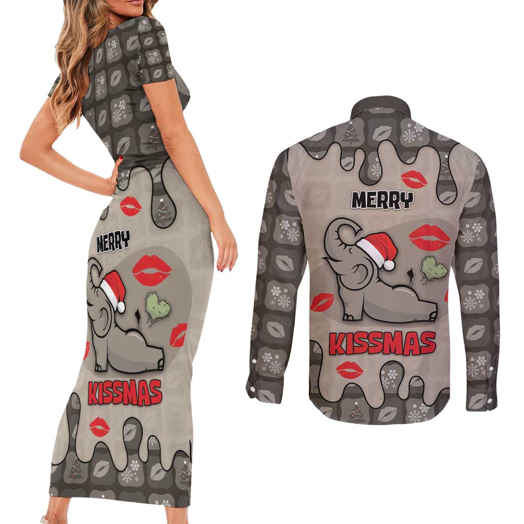 Elephant Christmas Couples Matching Short Sleeve Bodycon Dress and Long Sleeve Button Shirt I Did Not Fart My Butt Blew You A Kiss - Wonder Print Shop