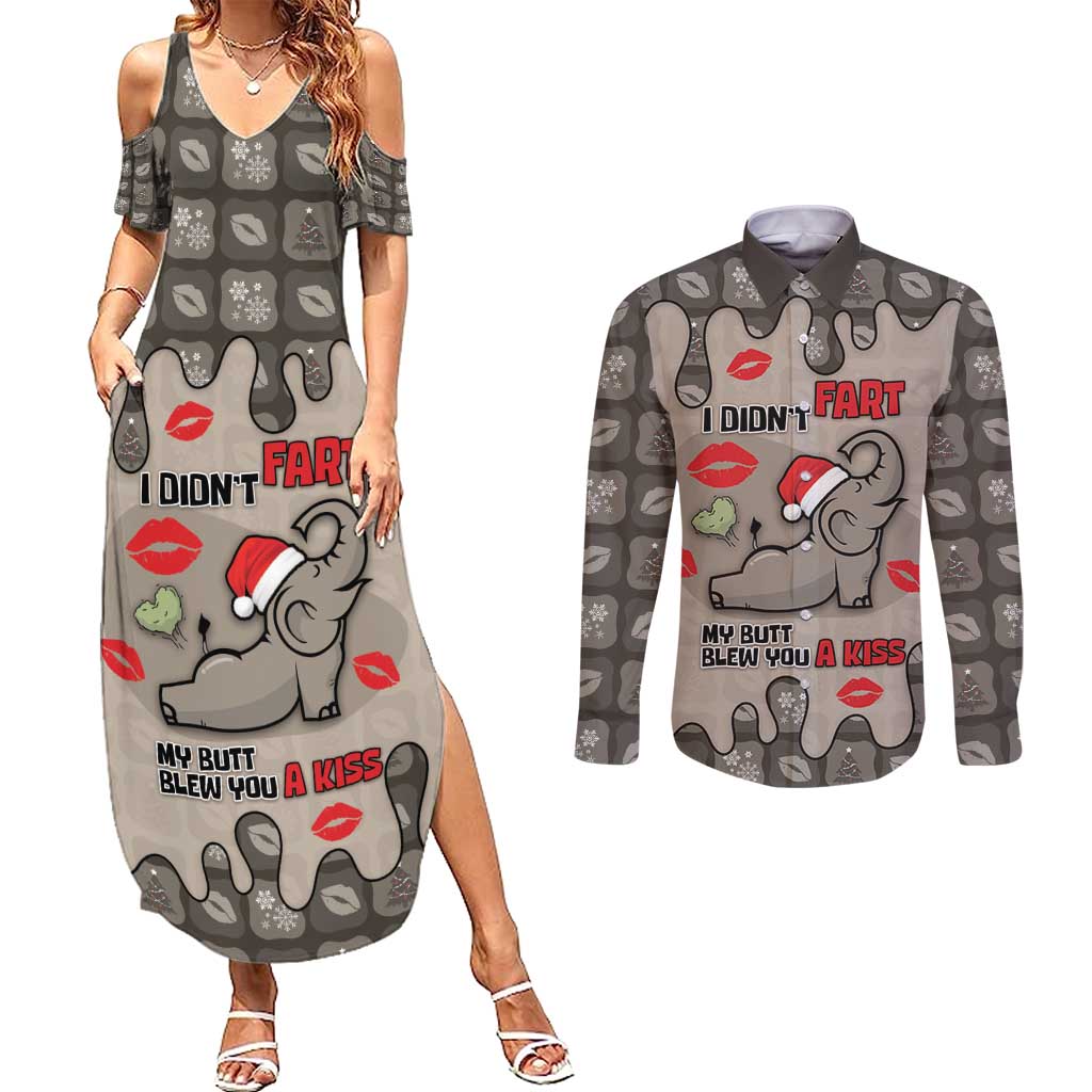 Elephant Christmas Couples Matching Summer Maxi Dress and Long Sleeve Button Shirt I Did Not Fart My Butt Blew You A Kiss - Wonder Print Shop