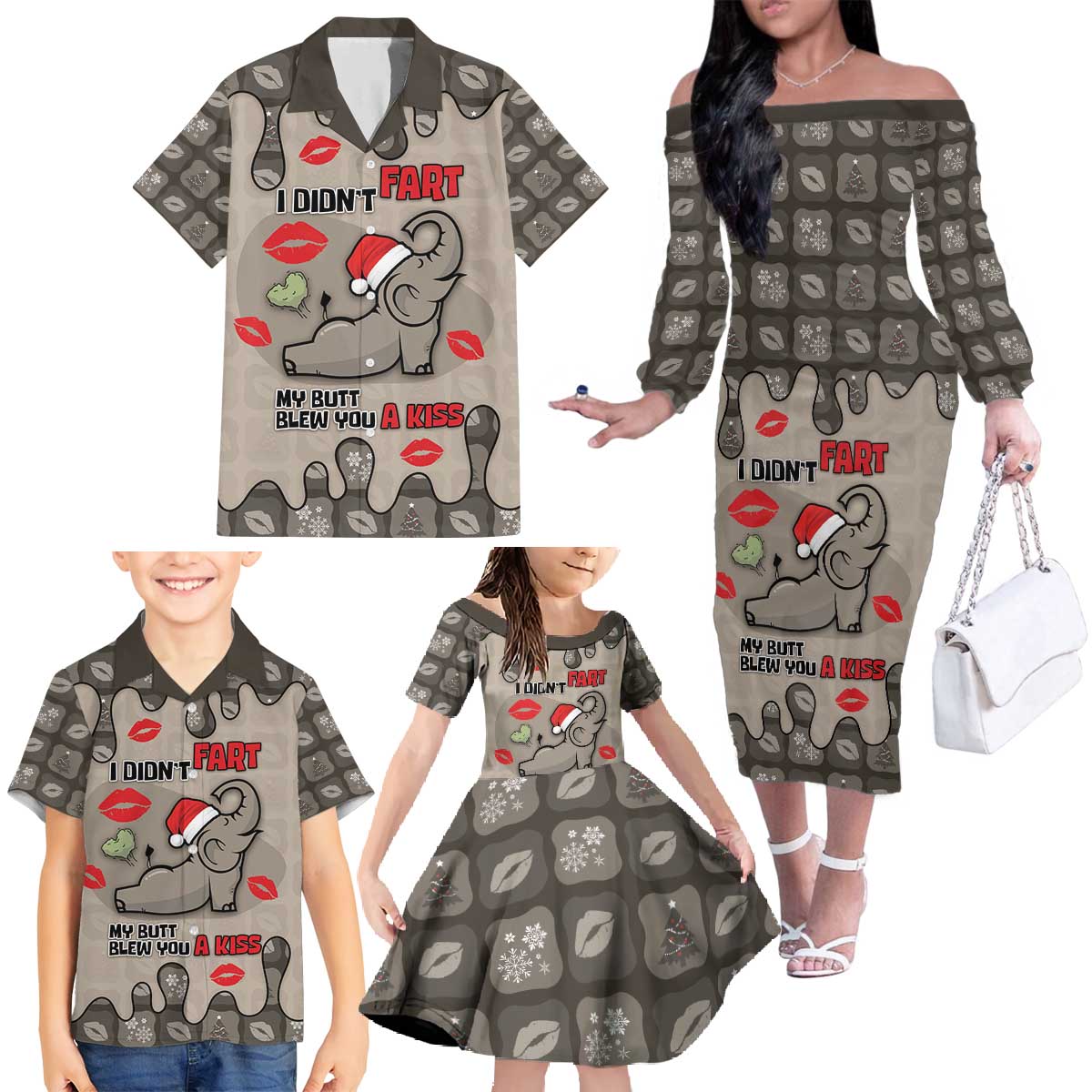 Elephant Christmas Family Matching Off The Shoulder Long Sleeve Dress and Hawaiian Shirt I Did Not Fart My Butt Blew You A Kiss - Wonder Print Shop