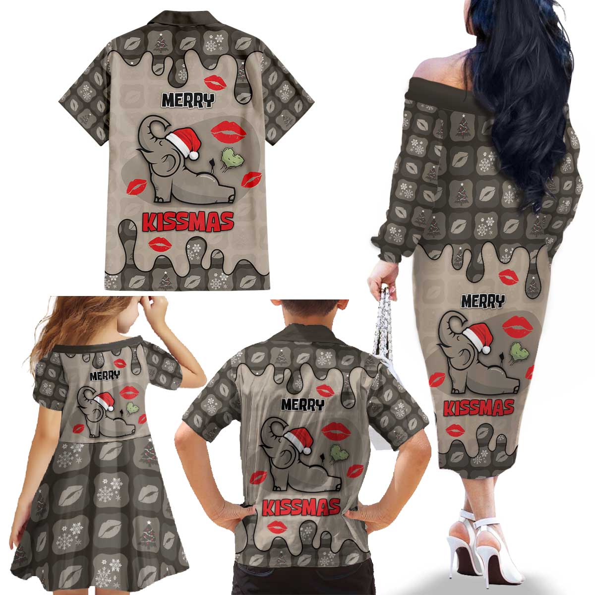 Elephant Christmas Family Matching Off The Shoulder Long Sleeve Dress and Hawaiian Shirt I Did Not Fart My Butt Blew You A Kiss - Wonder Print Shop