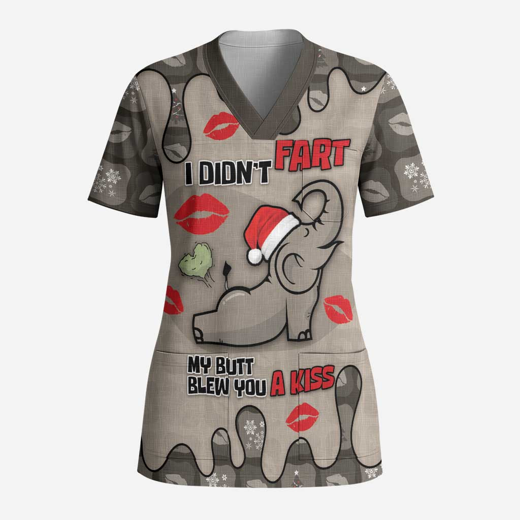 Elephant Christmas Scrub Top I Did Not Fart My Butt Blew You A Kiss - Wonder Print Shop