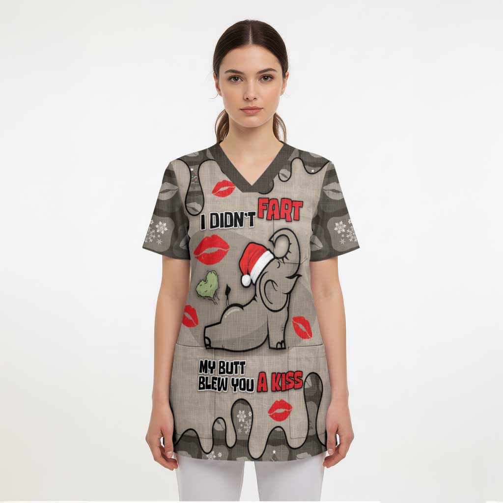 Elephant Christmas Scrub Top I Did Not Fart My Butt Blew You A Kiss - Wonder Print Shop