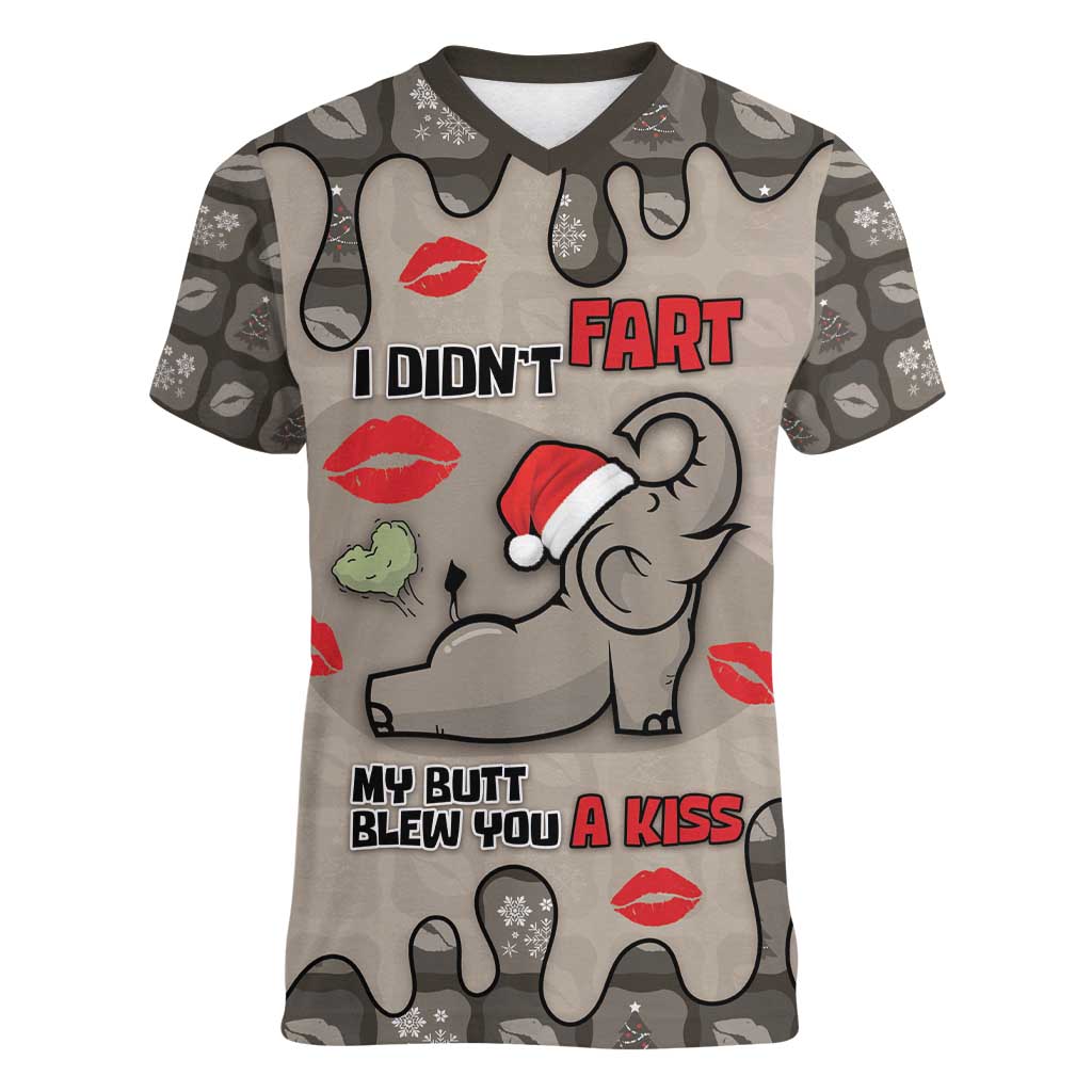 Elephant Christmas Women V-Neck T-Shirt I Did Not Fart My Butt Blew You A Kiss - Wonder Print Shop