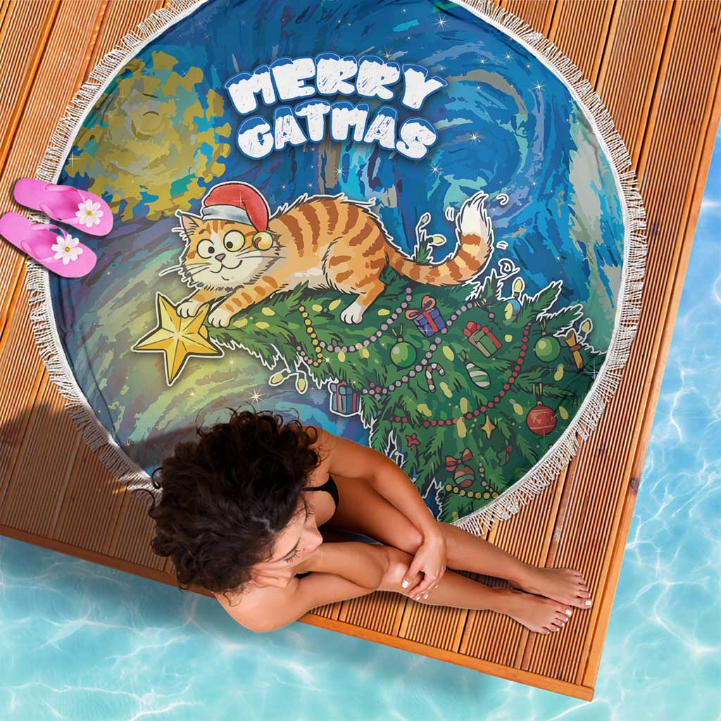 Merry Catmas Beach Blanket Cat Hanging On Xmas Tree - Wonder Print Shop