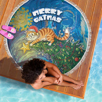 Merry Catmas Beach Blanket Cat Hanging On Xmas Tree - Wonder Print Shop