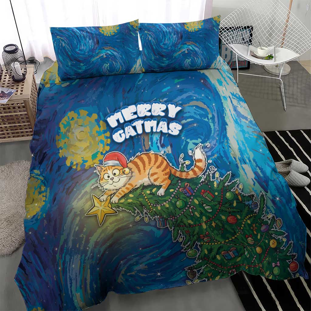 Merry Catmas Bedding Set Cat Hanging On Xmas Tree - Wonder Print Shop