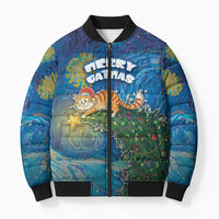Merry Catmas Bomber Puffer Jacket Cat Hanging On Xmas Tree - Wonder Print Shop