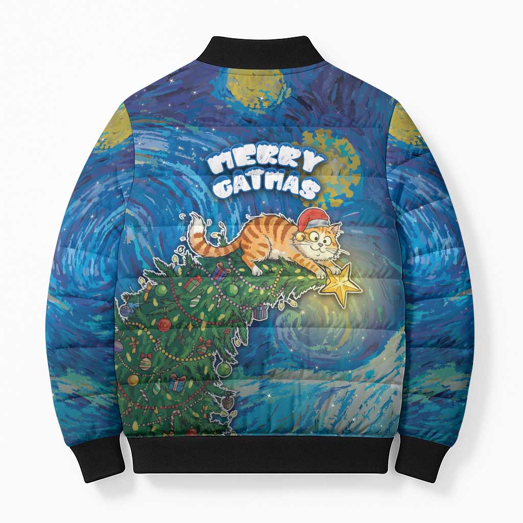 Merry Catmas Bomber Puffer Jacket Cat Hanging On Xmas Tree - Wonder Print Shop