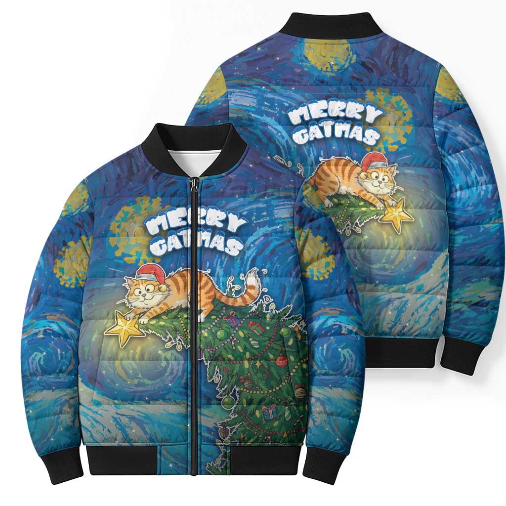 Merry Catmas Bomber Puffer Jacket Cat Hanging On Xmas Tree - Wonder Print Shop