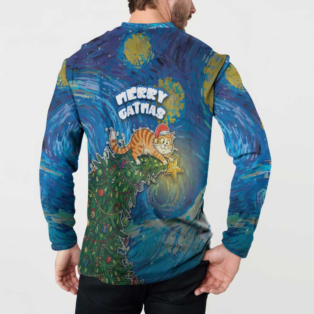 Merry Catmas Button Sweatshirt Cat Hanging On Xmas Tree - Wonder Print Shop