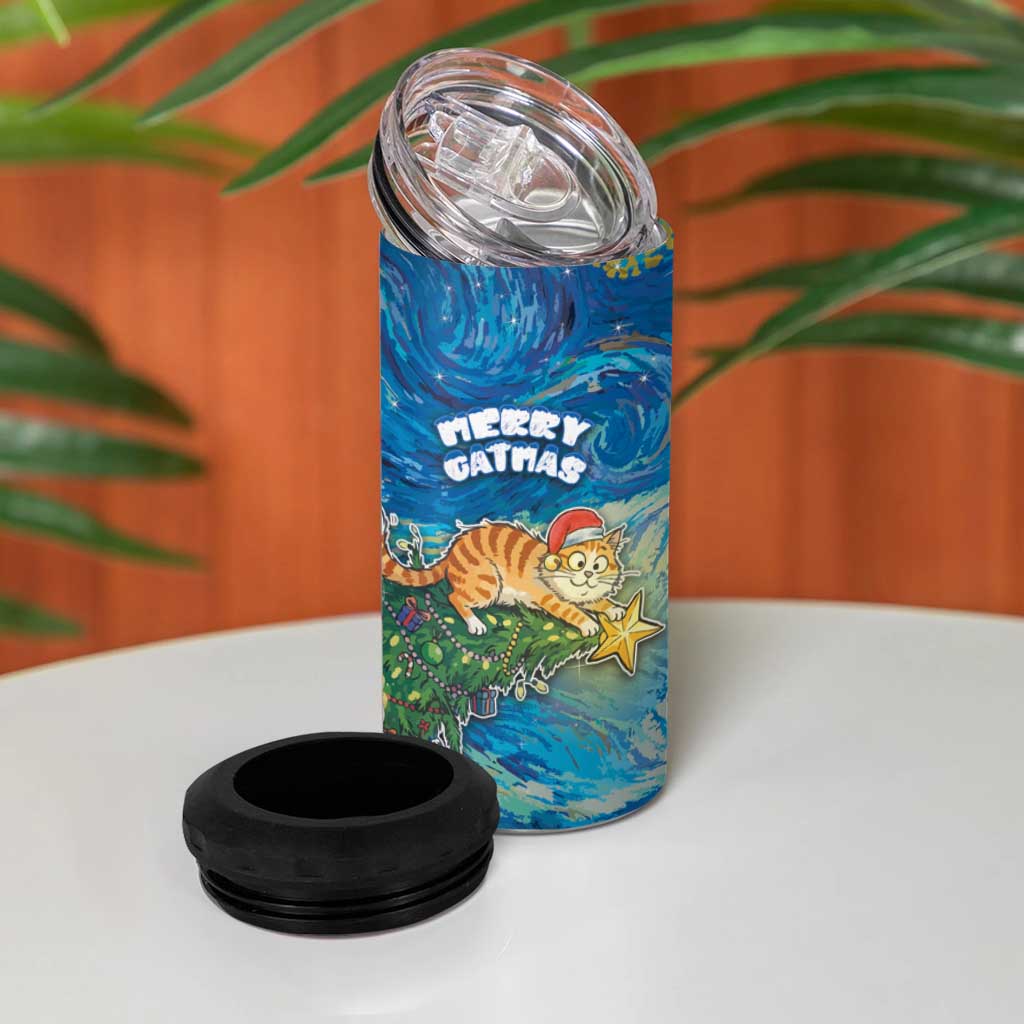 Merry Catmas 4 in 1 Can Cooler Tumbler Cat Hanging On Xmas Tree - Wonder Print Shop