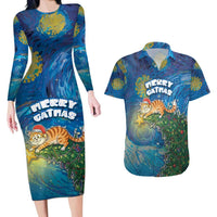 Merry Catmas Couples Matching Long Sleeve Bodycon Dress and Hawaiian Shirt Cat Hanging On Xmas Tree - Wonder Print Shop