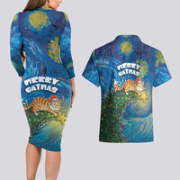 Merry Catmas Couples Matching Long Sleeve Bodycon Dress and Hawaiian Shirt Cat Hanging On Xmas Tree - Wonder Print Shop