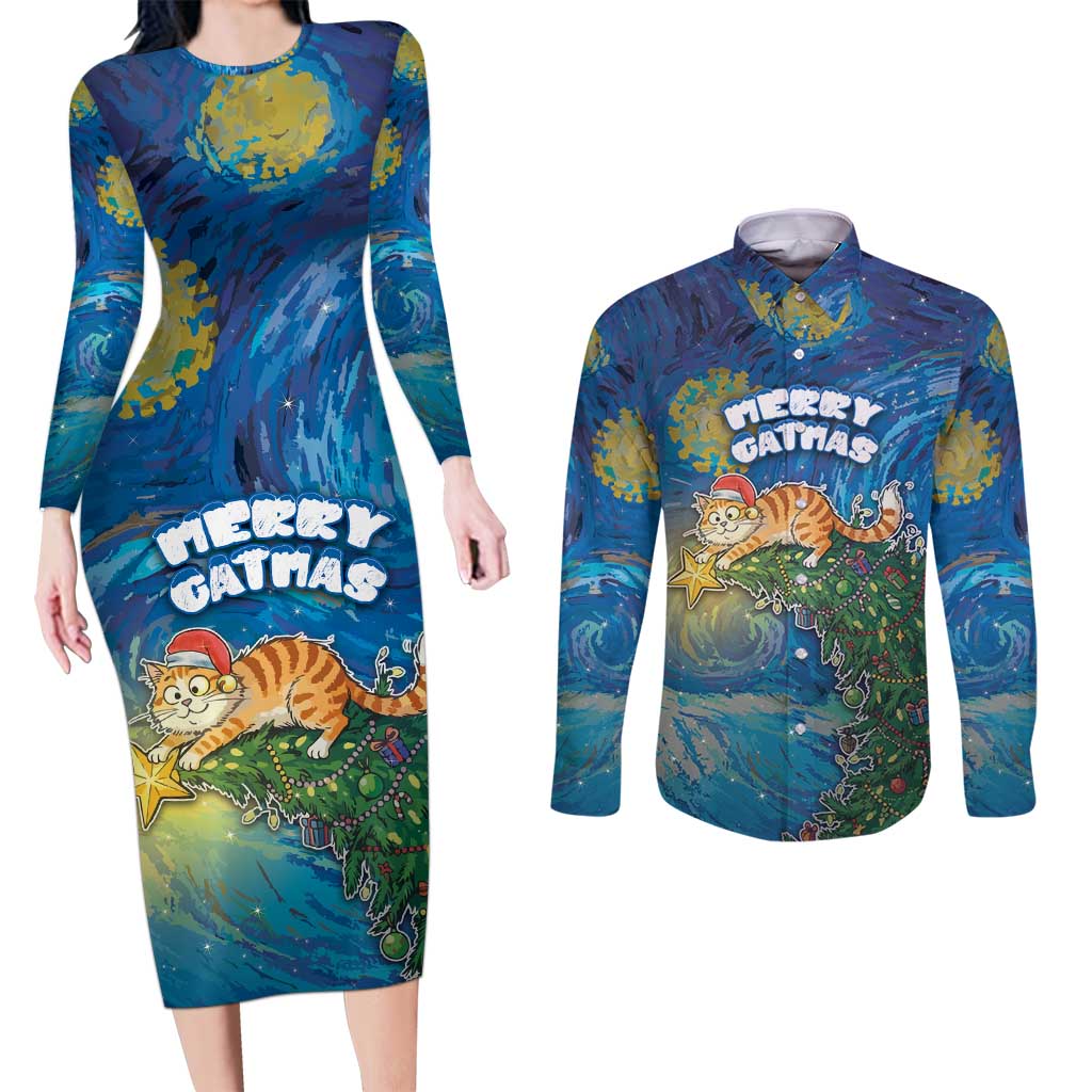 Merry Catmas Couples Matching Long Sleeve Bodycon Dress and Long Sleeve Button Shirt Cat Hanging On Xmas Tree - Wonder Print Shop