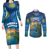 Merry Catmas Couples Matching Long Sleeve Bodycon Dress and Long Sleeve Button Shirt Cat Hanging On Xmas Tree - Wonder Print Shop