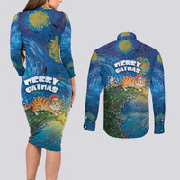 Merry Catmas Couples Matching Long Sleeve Bodycon Dress and Long Sleeve Button Shirt Cat Hanging On Xmas Tree - Wonder Print Shop