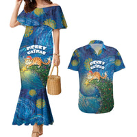 Merry Catmas Couples Matching Mermaid Dress and Hawaiian Shirt Cat Hanging On Xmas Tree - Wonder Print Shop