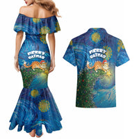 Merry Catmas Couples Matching Mermaid Dress and Hawaiian Shirt Cat Hanging On Xmas Tree - Wonder Print Shop
