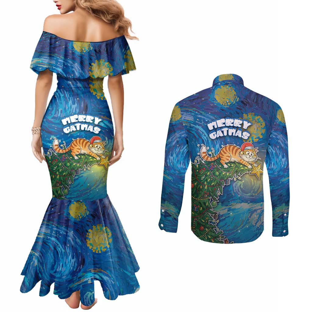 Merry Catmas Couples Matching Mermaid Dress and Long Sleeve Button Shirt Cat Hanging On Xmas Tree - Wonder Print Shop