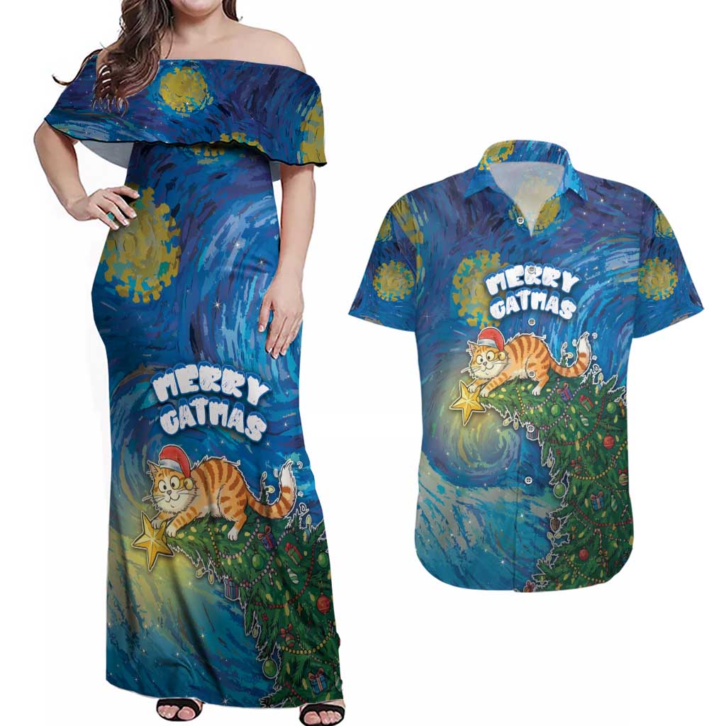 Merry Catmas Couples Matching Off Shoulder Maxi Dress and Hawaiian Shirt Cat Hanging On Xmas Tree - Wonder Print Shop