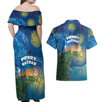 Merry Catmas Couples Matching Off Shoulder Maxi Dress and Hawaiian Shirt Cat Hanging On Xmas Tree - Wonder Print Shop