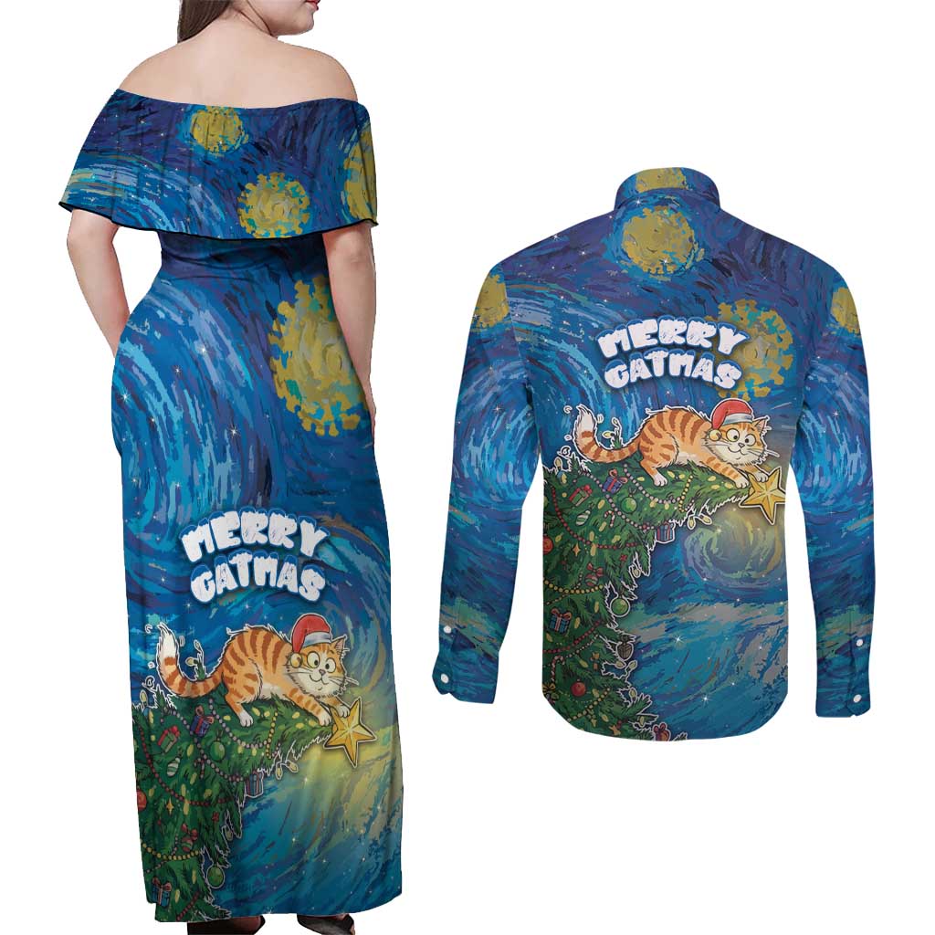 Merry Catmas Couples Matching Off Shoulder Maxi Dress and Long Sleeve Button Shirt Cat Hanging On Xmas Tree - Wonder Print Shop