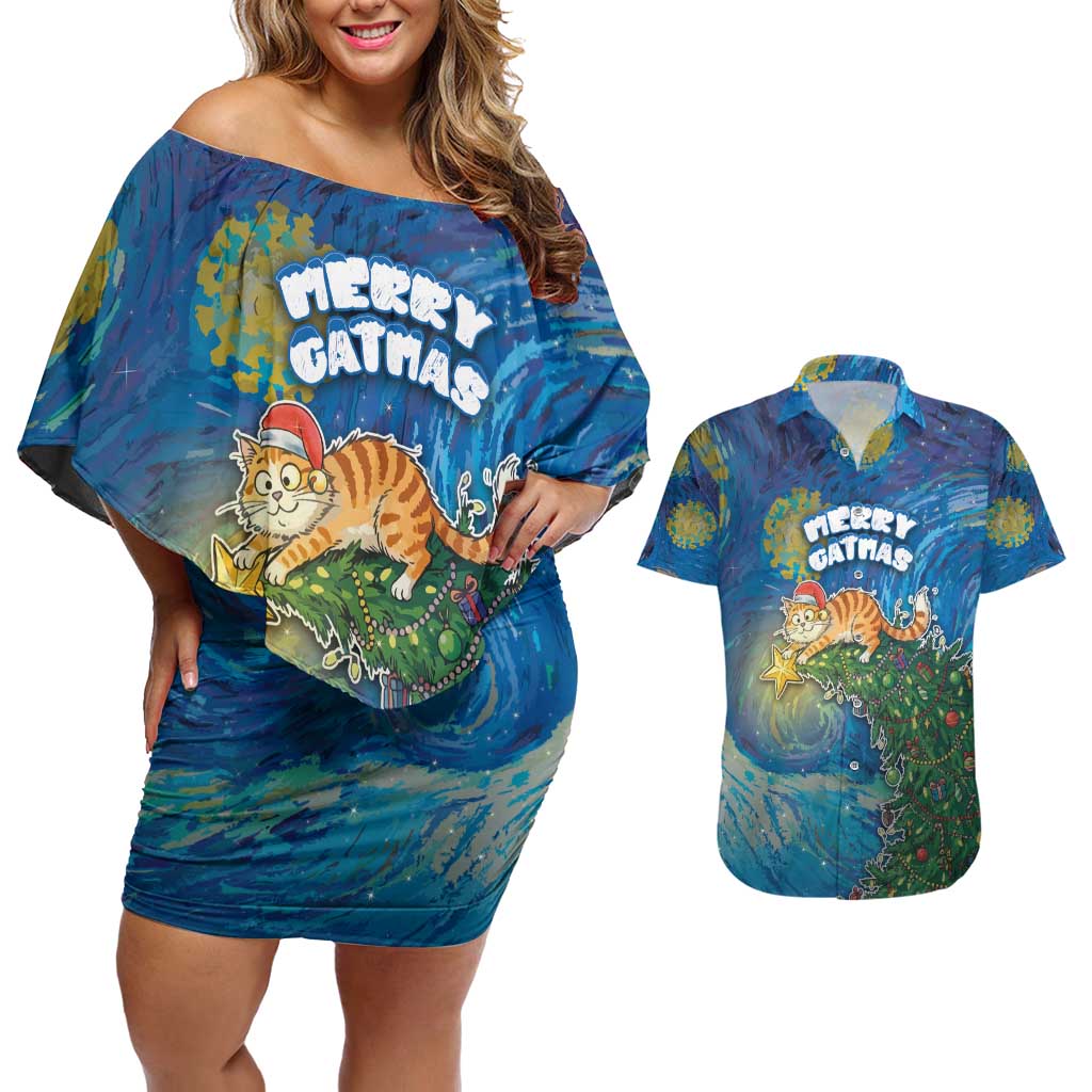 Merry Catmas Couples Matching Off Shoulder Short Dress and Hawaiian Shirt Cat Hanging On Xmas Tree - Wonder Print Shop