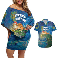 Merry Catmas Couples Matching Off Shoulder Short Dress and Hawaiian Shirt Cat Hanging On Xmas Tree - Wonder Print Shop