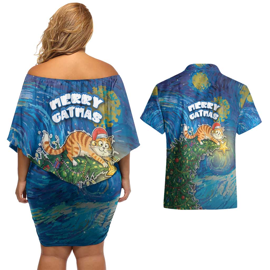 Merry Catmas Couples Matching Off Shoulder Short Dress and Hawaiian Shirt Cat Hanging On Xmas Tree - Wonder Print Shop