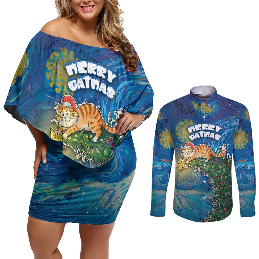 Merry Catmas Couples Matching Off Shoulder Short Dress and Long Sleeve Button Shirt Cat Hanging On Xmas Tree - Wonder Print Shop