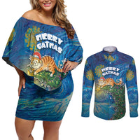 Merry Catmas Couples Matching Off Shoulder Short Dress and Long Sleeve Button Shirt Cat Hanging On Xmas Tree - Wonder Print Shop