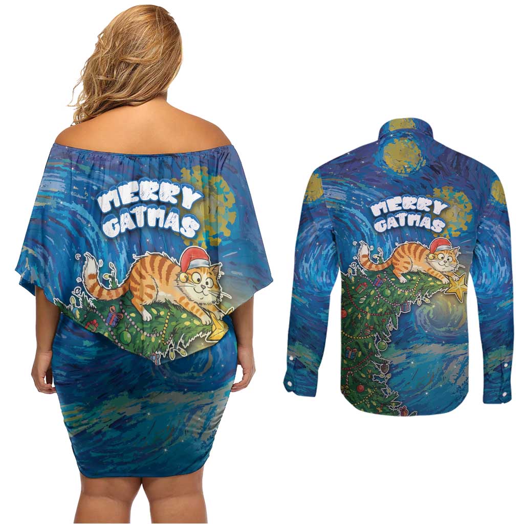 Merry Catmas Couples Matching Off Shoulder Short Dress and Long Sleeve Button Shirt Cat Hanging On Xmas Tree - Wonder Print Shop