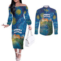 Merry Catmas Couples Matching Off The Shoulder Long Sleeve Dress and Long Sleeve Button Shirt Cat Hanging On Xmas Tree - Wonder Print Shop