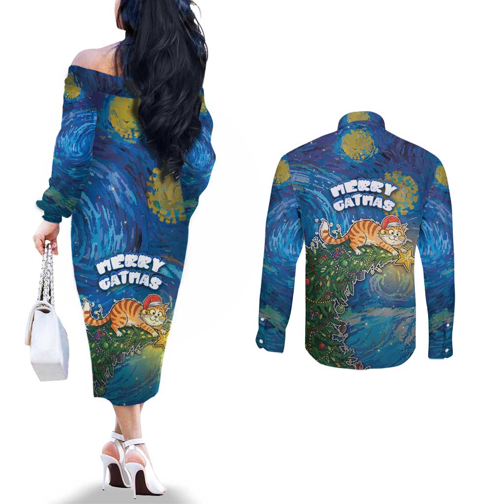 Merry Catmas Couples Matching Off The Shoulder Long Sleeve Dress and Long Sleeve Button Shirt Cat Hanging On Xmas Tree - Wonder Print Shop