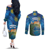Merry Catmas Couples Matching Off The Shoulder Long Sleeve Dress and Long Sleeve Button Shirt Cat Hanging On Xmas Tree - Wonder Print Shop