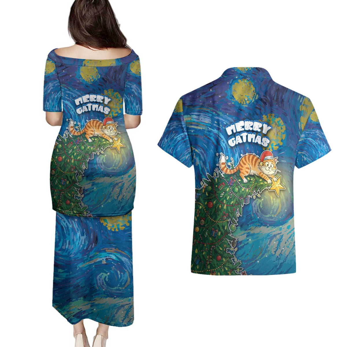 Merry Catmas Couples Matching Puletasi and Hawaiian Shirt Cat Hanging On Xmas Tree - Wonder Print Shop