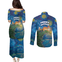 Merry Catmas Couples Matching Puletasi and Long Sleeve Button Shirt Cat Hanging On Xmas Tree - Wonder Print Shop