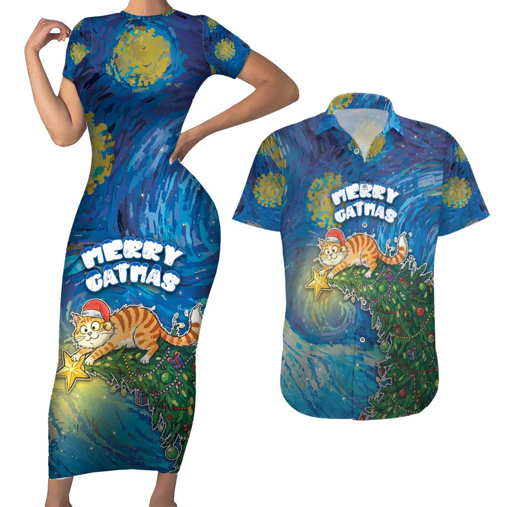 Merry Catmas Couples Matching Short Sleeve Bodycon Dress and Hawaiian Shirt Cat Hanging On Xmas Tree - Wonder Print Shop
