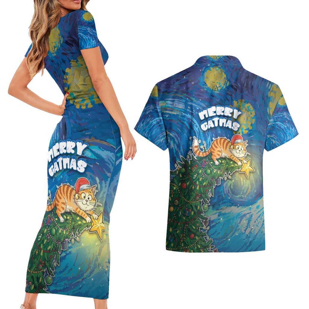 Merry Catmas Couples Matching Short Sleeve Bodycon Dress and Hawaiian Shirt Cat Hanging On Xmas Tree - Wonder Print Shop